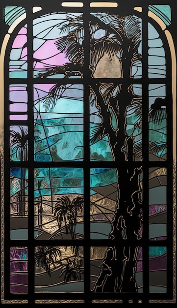 A stained glass window with a palm tree and the ocean in the background.