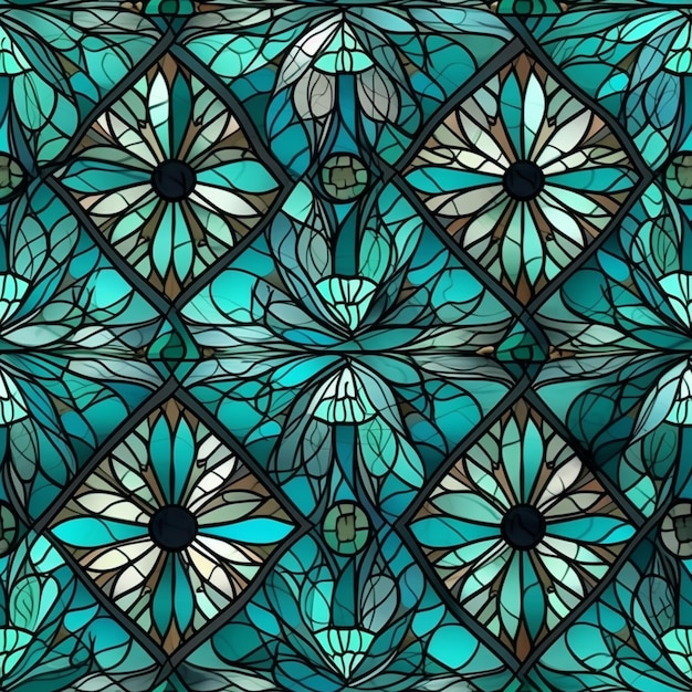 꽃과 나뭇잎의 패턴이 있는 스테인드 글라스 창.