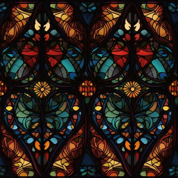 A stained glass window with a pattern of leaves and flowers.