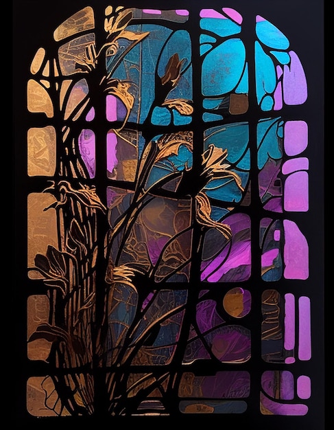 A stained glass window with a purple and blue background and the word " art " on the bottom.