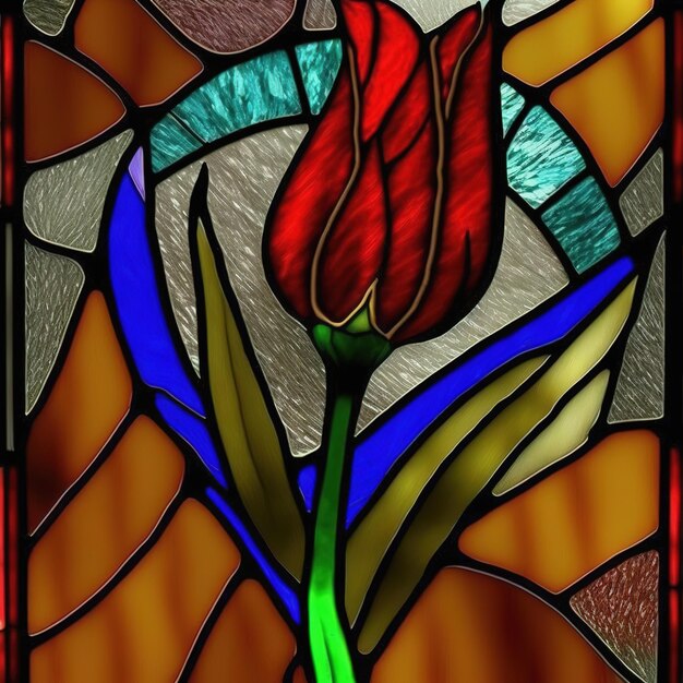 A stained glass window with a red tulip on it.