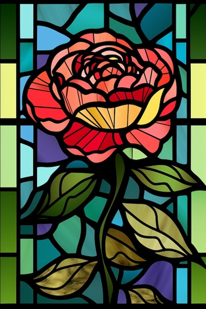 A stained glass window with a rose on it.