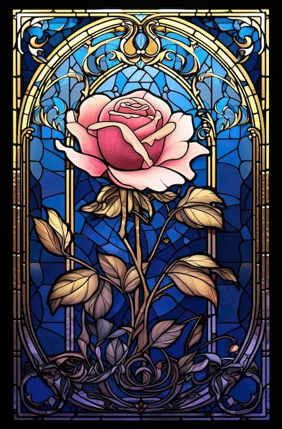 A stained glass window with a rose on it