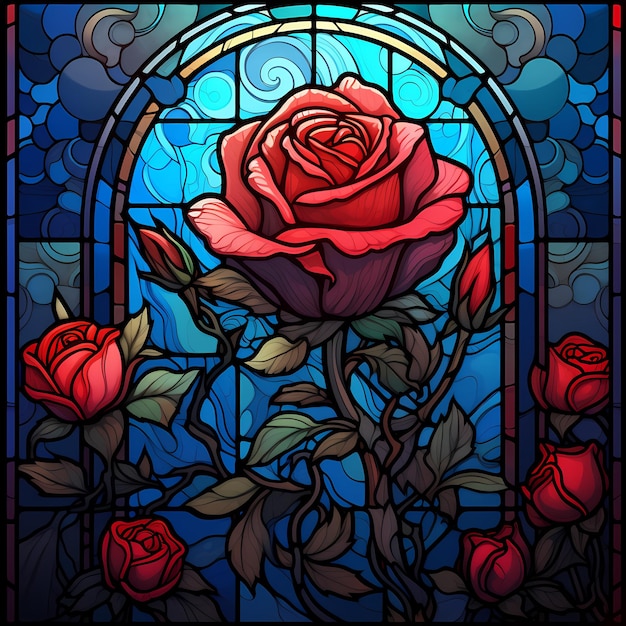 A stained glass window with a rose and leaves.