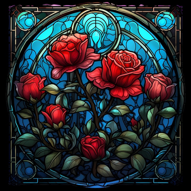 Premium photo a stained glass window with roses and leaves