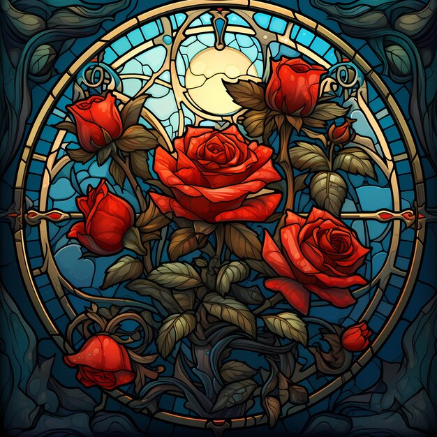 A stained glass window with roses and a moon in the background.