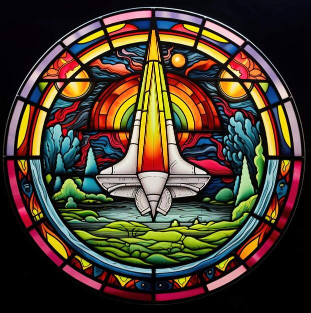 Photo a stained glass window with a sail and a ship in the center.