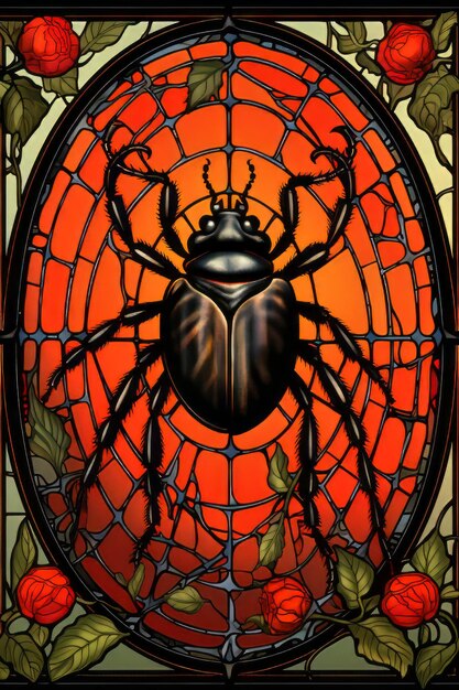 A stained glass window with a spider and roses