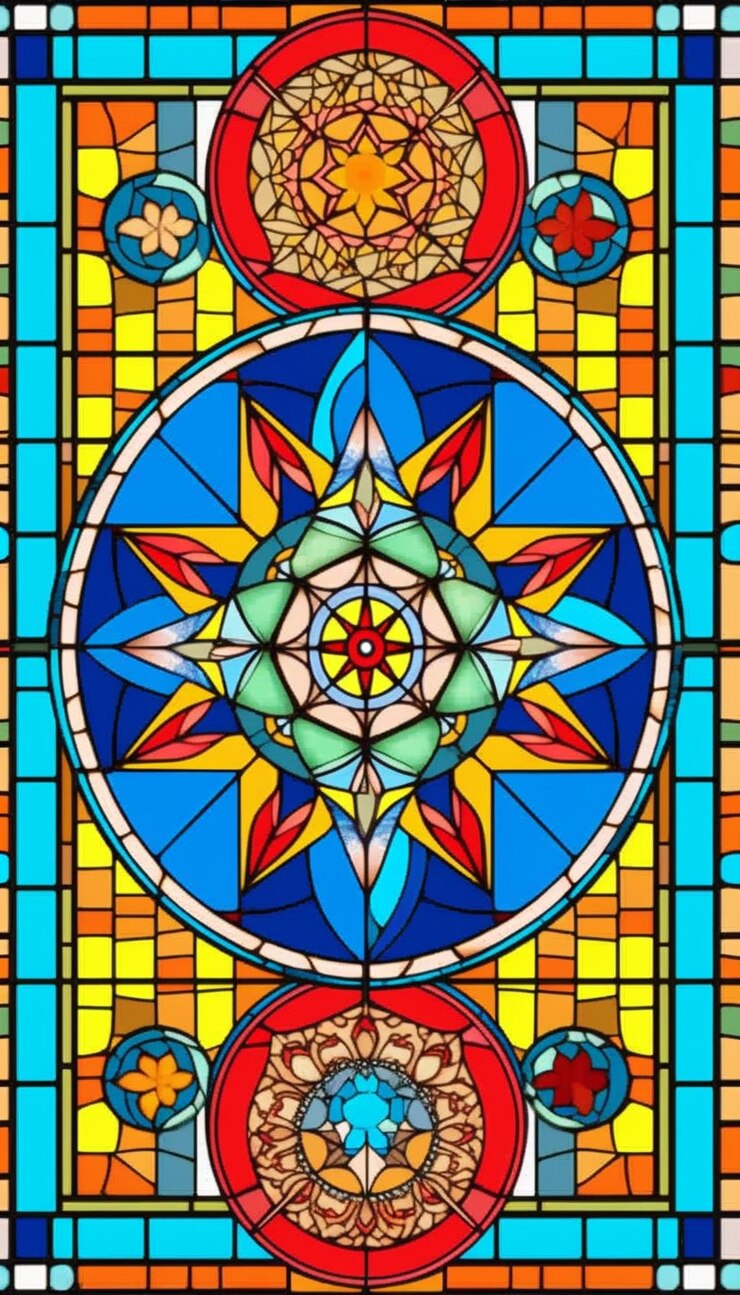Photo a stained glass window with a star and a sun in it generative ai