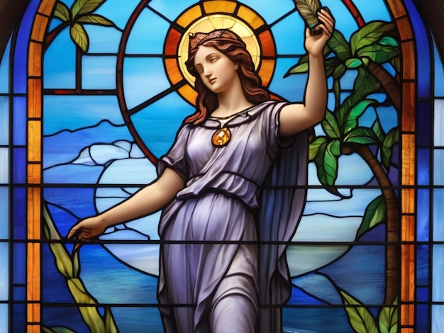 a stained glass window with a statue of a woman holding a bird