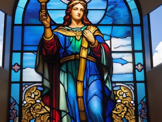 Photo a stained glass window with a statue of a woman holding a cross