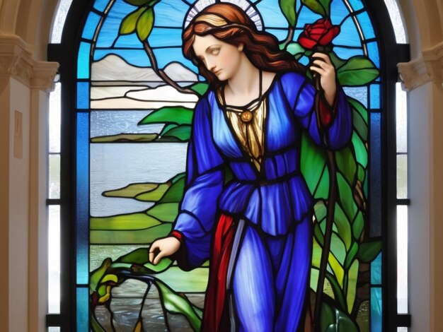 Photo a stained glass window with a statue of a woman holding a rose