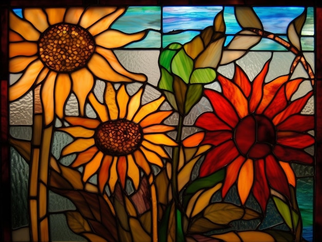 A stained glass window with sunflowers and a red flower.