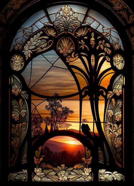 A stained glass window with a sunset in the background.