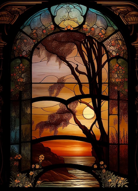 A stained glass window with a sunset in the background.