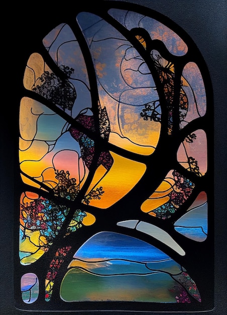 A stained glass window with a sunset in the background.