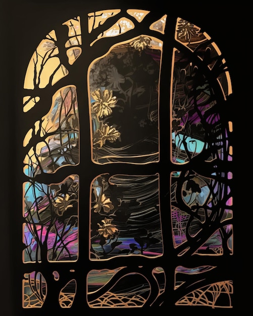 A stained glass window with a tree in the background.