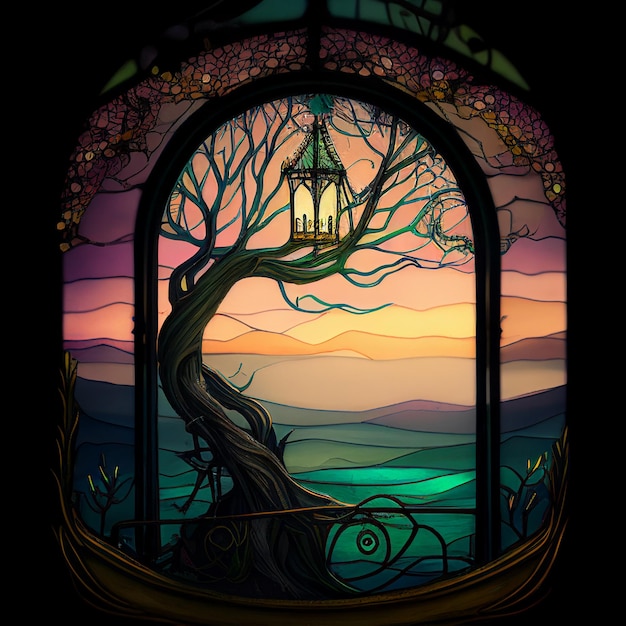 A stained glass window with a tree in the middle of it