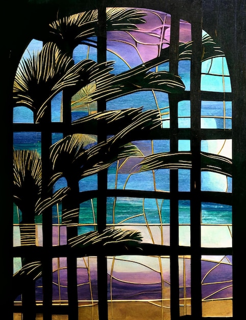 A stained glass window with a view of the beach in the background.