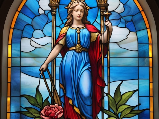 a stained glass window with a woman holding a spear