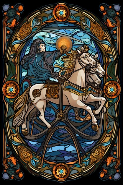 A stained glass window with a woman riding a horse and a cross on it.