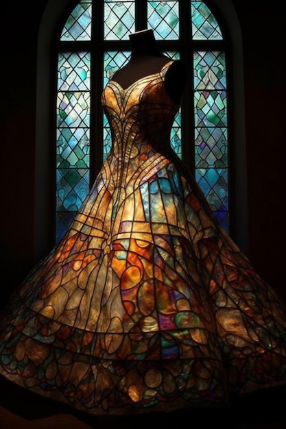 A stained glass window with a woman in a wedding dress in front of it.