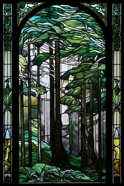 A stained glass window with the words " the tree is visible "