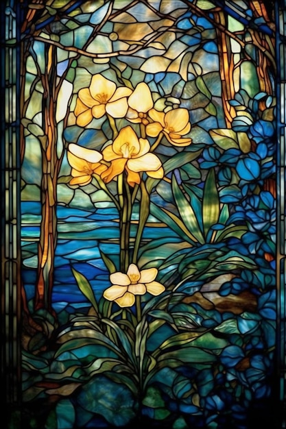 A stained glass window with a yellow flower and the word " the word " on it.