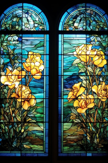 A stained glass window with yellow roses in the center of it.