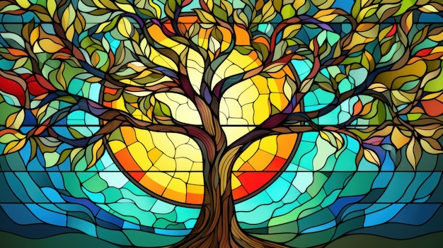 Stained Glassstyle Wall Illustration Featuring an Abstract Tree