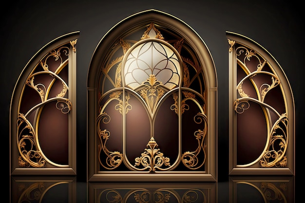 Stained old arched windows with gold decorations in dark brown tones