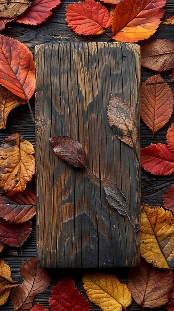 Stained wood block on an autumn leaves background the wood grains merge with the fall colors