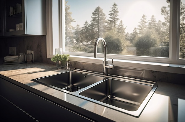 Stainless kitchen double sink Modern metallic dishwashing household washbasin Generate ai