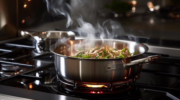 Stainless pan on the hob cooking on a gas stove