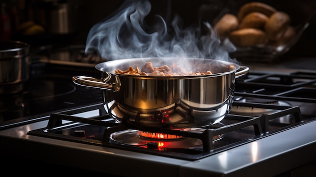 Stainless pan on the hob cooking on a gas stove