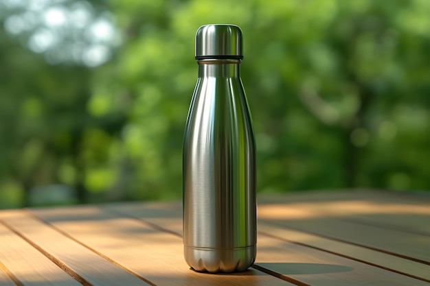 A stainless steel bottle with a silver cap sits on a wooden table.