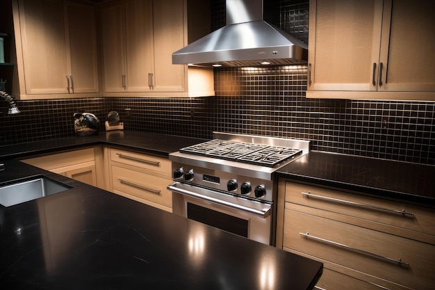 Stainless steel countertop with black granite tile backsplash created with generative ai