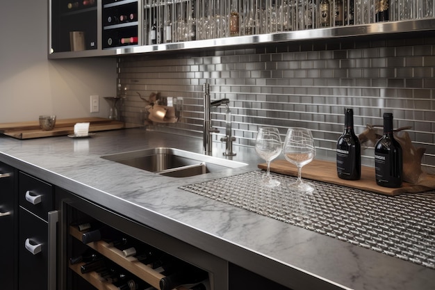A stainless steel countertop with a builtin wine rack and glasses created with generative ai