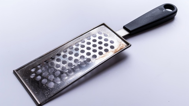 फोटो a stainless steel grater with a black plastic handle isolated on a white background