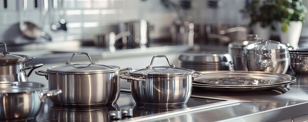 Photo stainless steel kitchenware arranged neatly on a countertop with each piece gleaming brightly