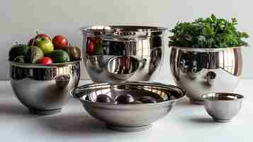 Photo stainless steel mixing bowls a background