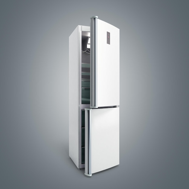 Современный открытый холодильник из нержавеющей стали на сером градиенте 3D-иллюстрация