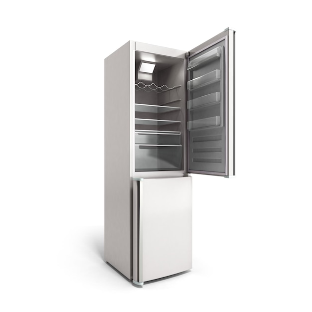 Stainless steel modern open refrigerator on white 3d illustration