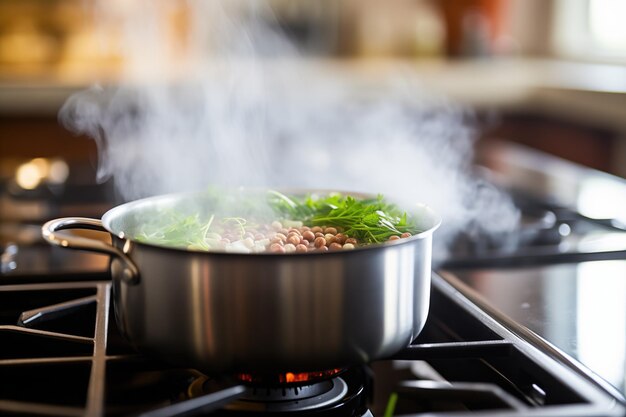 Stainless steel pot of minestrone on stovetop steam rising