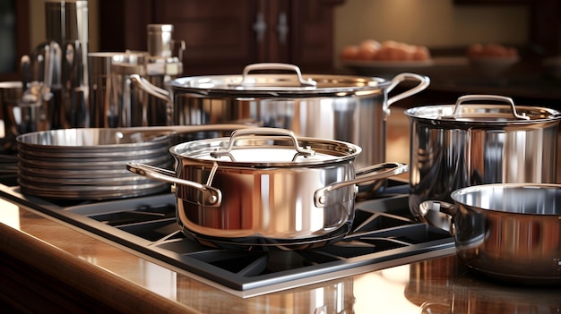 Stainless steel pots on a stove in a home kitchen