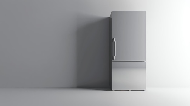 스테인리스 스 냉장고는 색 방에 서 있습니다. 냉장기는 우아한 현대적인 디자인을 가지고 있으며 완벽하게 깨합니다.