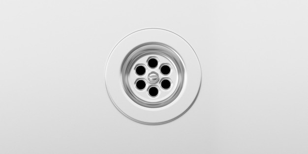 Stainless steel sink background with sink drain top view 3d illustration