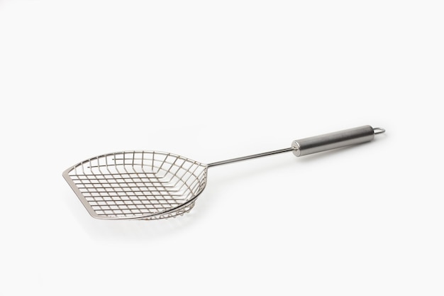 A stainless steel skimmer on a white background with copy space