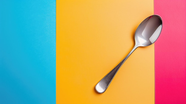 A stainless steel spoon on a vibrant blue yellow and pink background