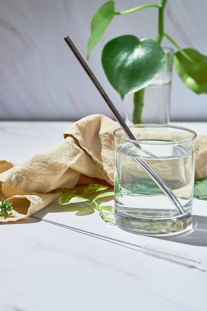 Stainless steel straws in glass of water